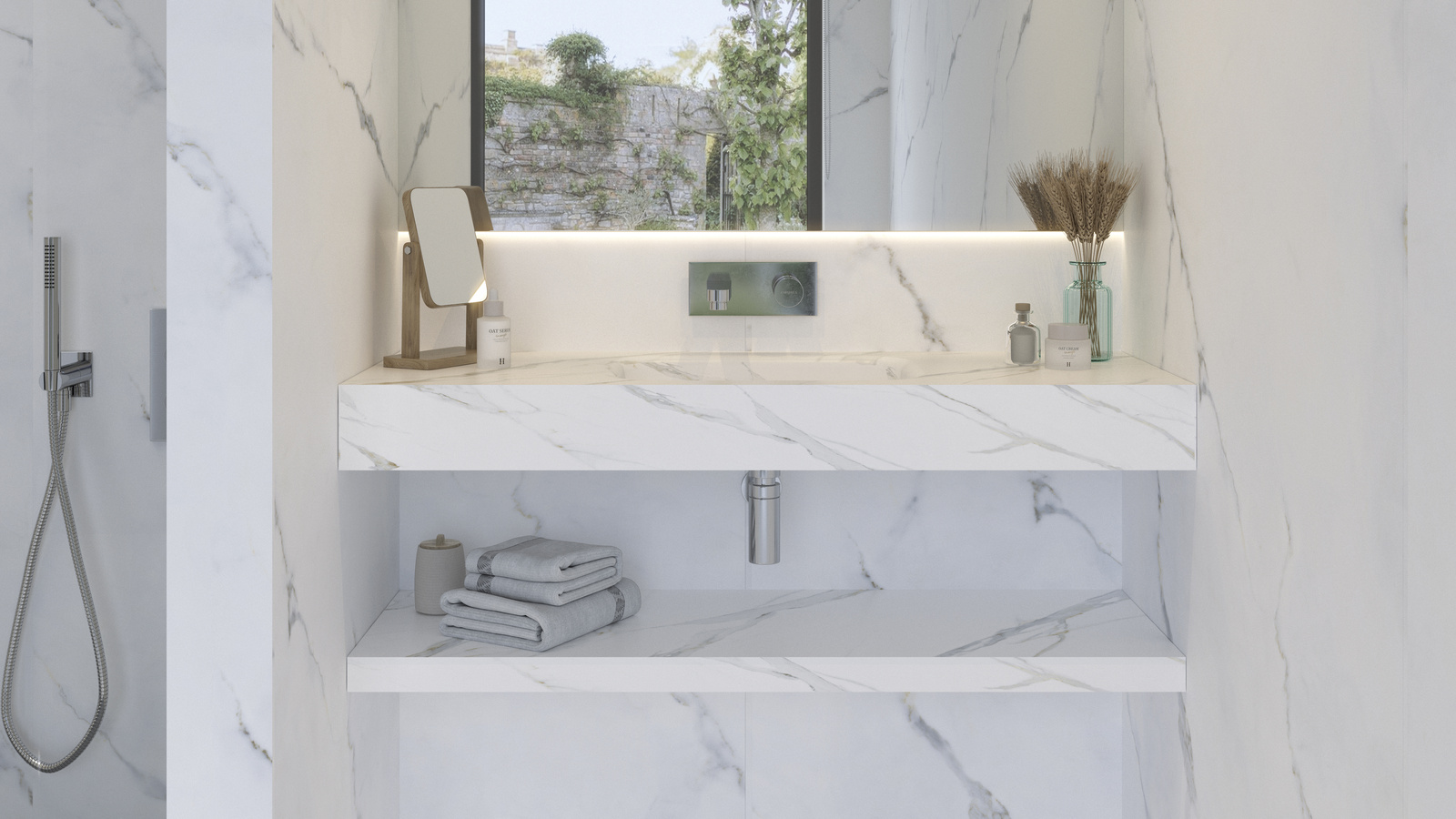 Plan vasque en marbre blanc avec robinetterie encastree et douche